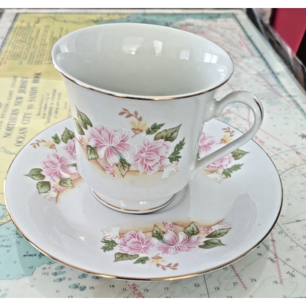 Vintage Floral Teacup and Saucer Set Pink Flowers Gold Trim Made in China